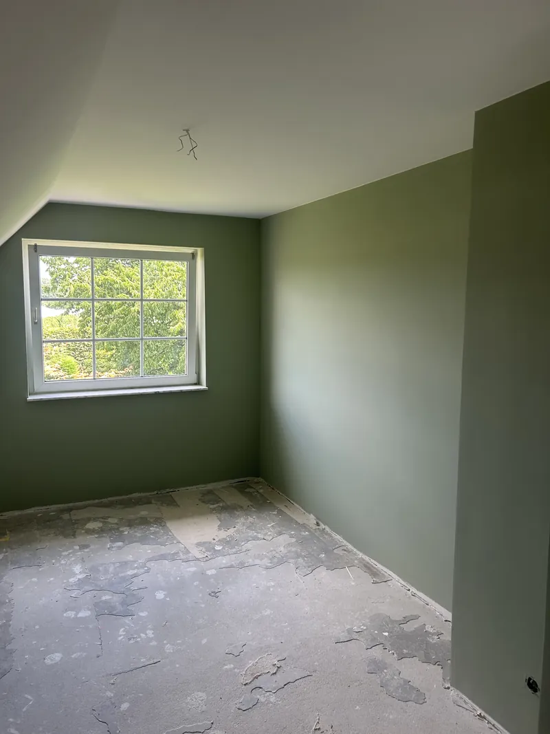 Zimmer mit olivgrün gestrichener Wand und weißer Decke