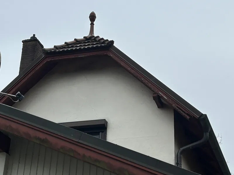 Hausgiebel mit frisch gestrichenem Putz und dunklem Holzelement