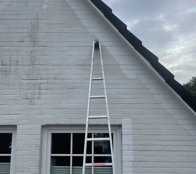 Giebel vor dem Anstrich, verwitterte Fläche mit Leiter